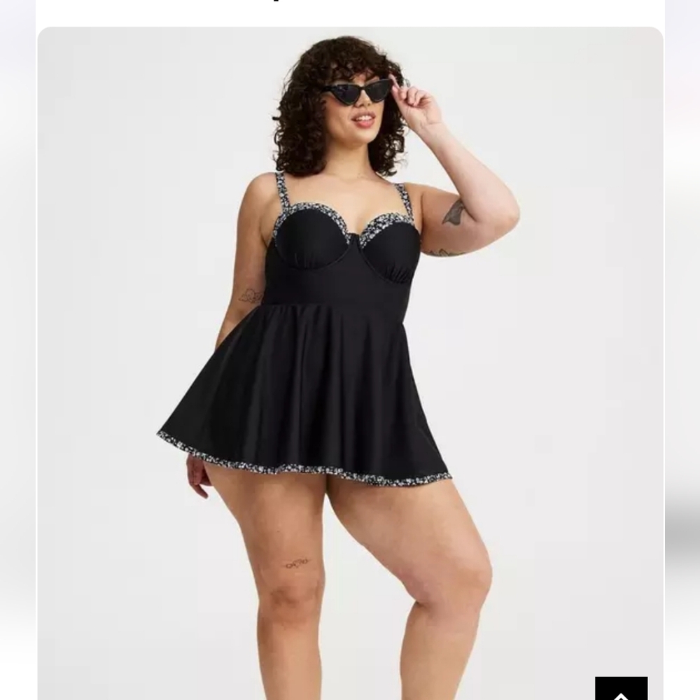 TORRID Underwire Peplum Swim Dress Bethanny ditsy deep black, Size 00 D/DD NWT